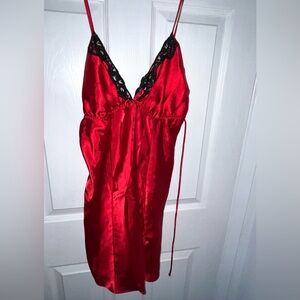 Elegant Red Satin Nightgown with Lace Trim